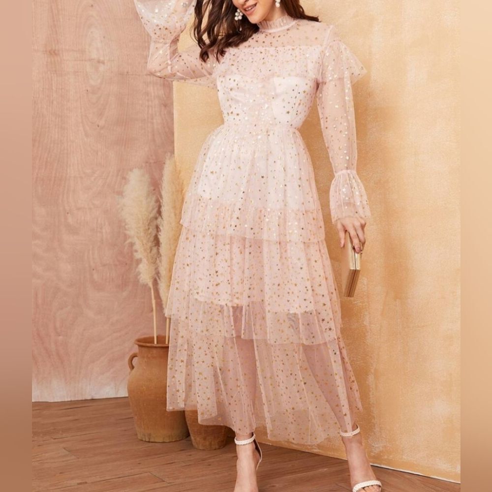 Women's Sheer Pink Dress with Gold Stars Size Small Coquette Fairycore Fairy